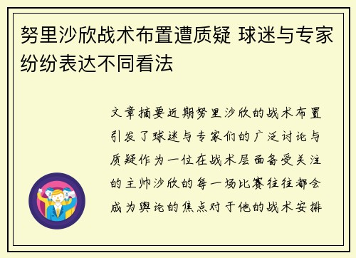 努里沙欣战术布置遭质疑 球迷与专家纷纷表达不同看法